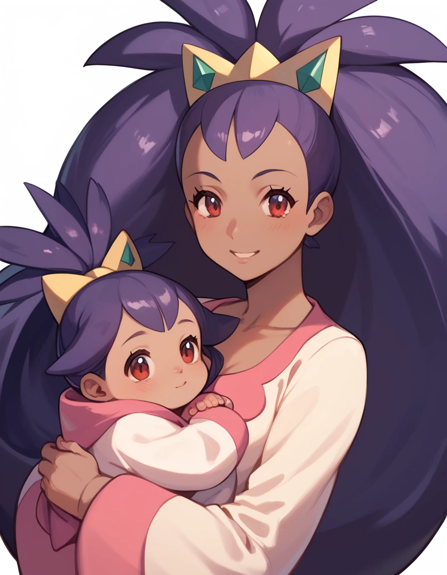  source_anime ,Best Quality, Masterpiece, ultra high resolution, iris \(pokemon\), purple hair, long hair, red eyes, dark skin, big hair,small breasts,BREAK mother and , small,hugging up, baby,