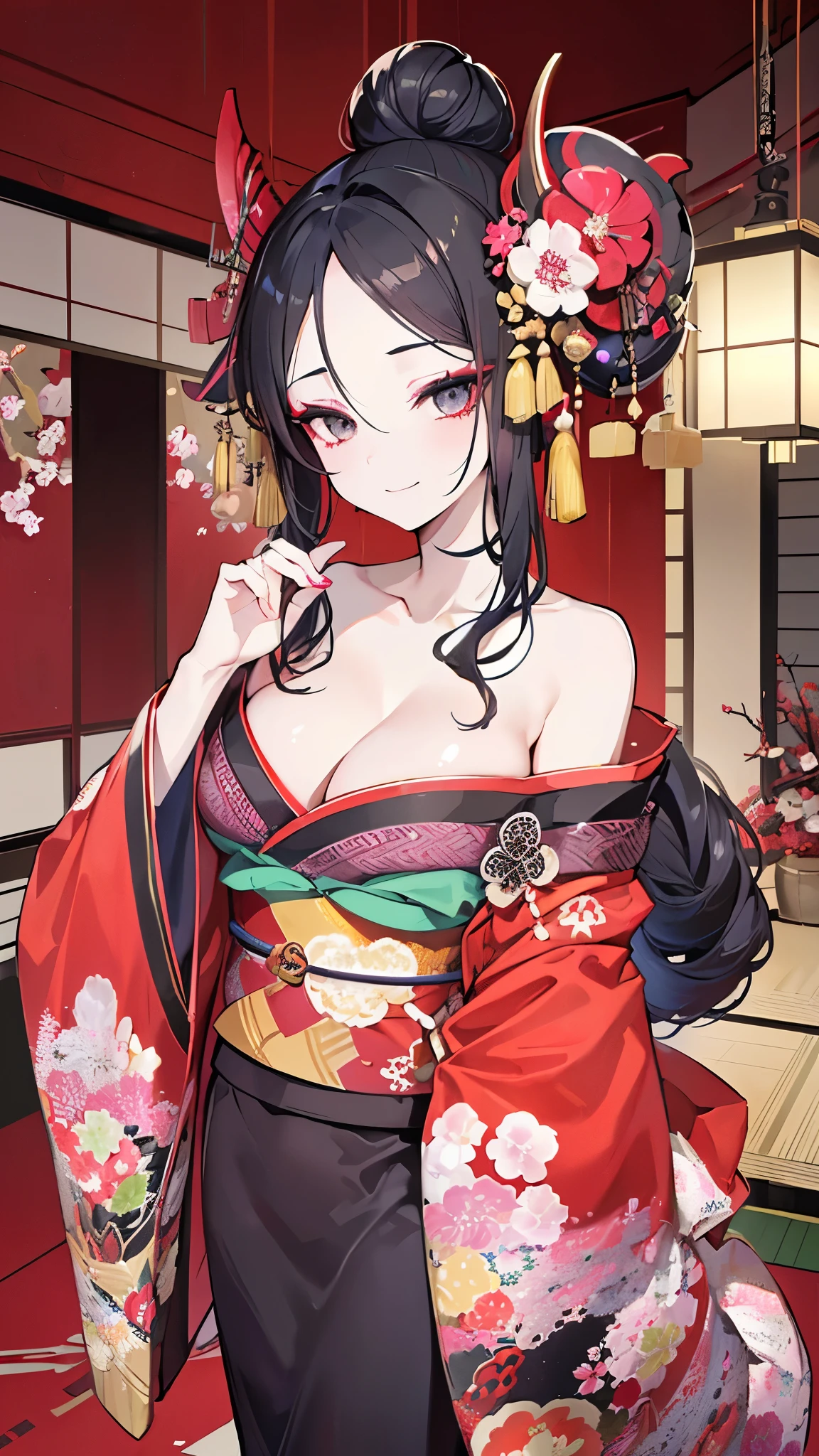 panasonic:1.2 (solo:1.3 Kabuki actors black hair long oiran hair, cute femdom girl, 17 yo, bigboobs:1.3, red eyes, kabuki:1.3 makeup face, in a immensely kabuki kimono) is (in the Hakataza Theater), break, perfect anatomy, masterpiece:1.2, best quality, 8k, beautiful detailed grow, daydreaming expression.