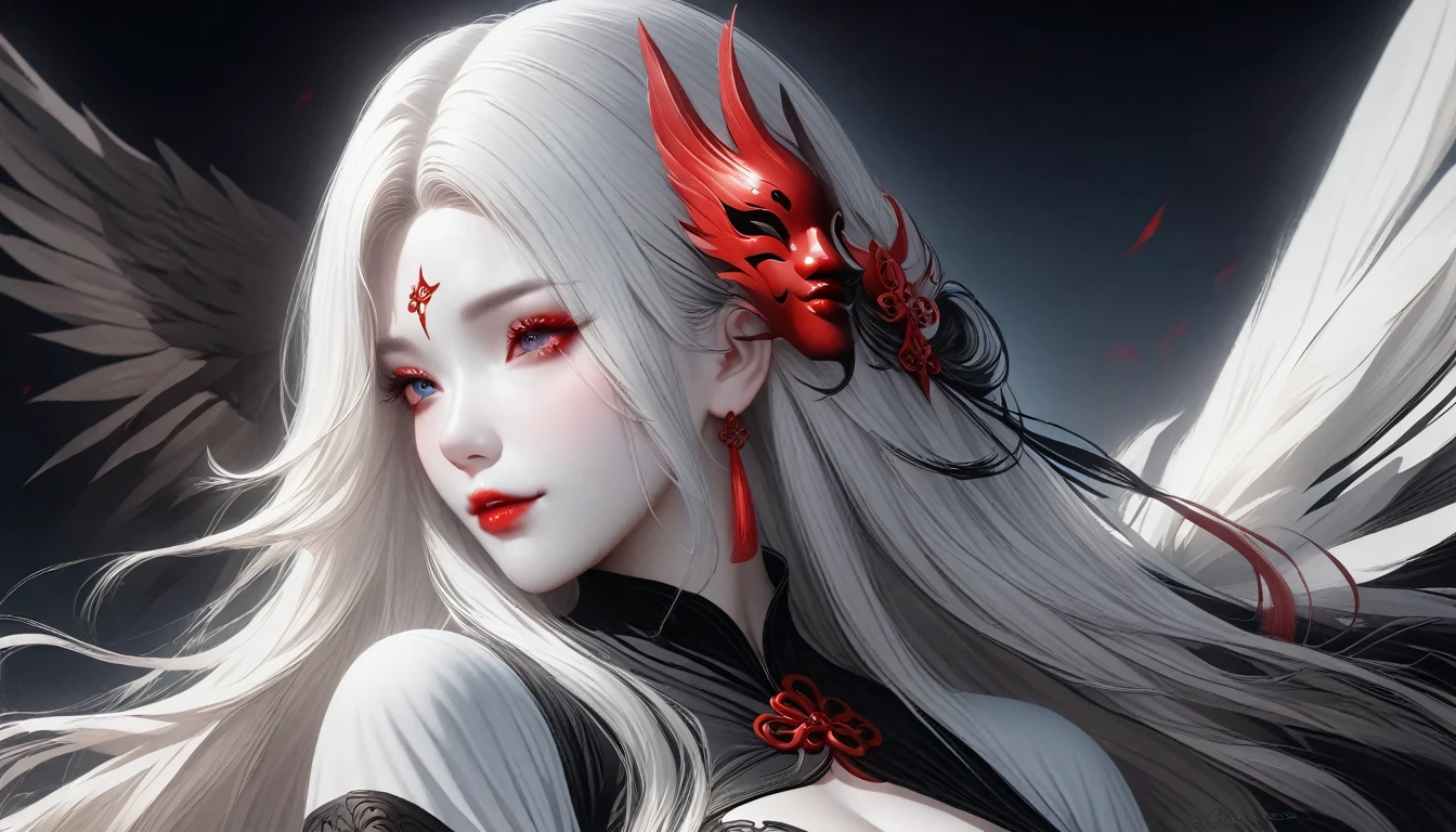 Barefoot woman(30-years old) , (fair white skin:1.7)、 (long white hair)、(Samurai style black and gold kimono:1.0)、(Big smoky dragon background:1.8)、(White smoke)、(Tattoos on the body)、(two swords)、(abnormally large breasts)、(Red smoke around the body:1.7)、Bare shoulders, Double eyelids, (Gray eyes)、Parted lips,Solo,(cleavage)、delicate and sexy(clavicle:1.3), (Shiny skin:0.8),(masutepiece:1.4),(Best Quality:1.4),glossy red lips, Perfect Abs, Wet(full of sweat)、low angles, (from below angle), High detailed skin, Skin pores,(Katsushika Hokusai-style background),detailed face, detailed eyes, detialed hands, FULL BODY