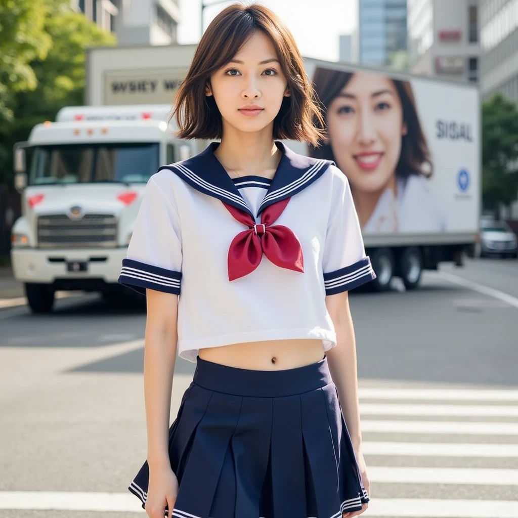 Perfect composition, Proper placement, Golden Ratio, masterpiece, Best Quality, Front View:1.331,  A beautiful Japanese woman is standing ,  cowboy shot,  SHE'S A FAMOUS SUPERMODEL, campaign girl,  Japanese high school sailor suit  :1.21, Short sleeve clothing, White short-sleeved sailor uniform :1.21, sera fuku:1.21, Red ribbon on uniform,  navy miniskirt , I can see her belly button , Brown Hair,  pixie cut hair :1.21, A large design truck is parked in the back ,  A portrait of herself is painted on a large truck,  Her own portrait is a campaign ad,  My original girlfriend is standing with her back to the truck,  sun rays  , Harajuku, Tokyo:1.331,  Cyberpunk City :1.331, intersection,  anatomically correct proportions,  small head ,  global lighting ,  Expression of Absolute Beauty  , Absolute Self-Love  ,