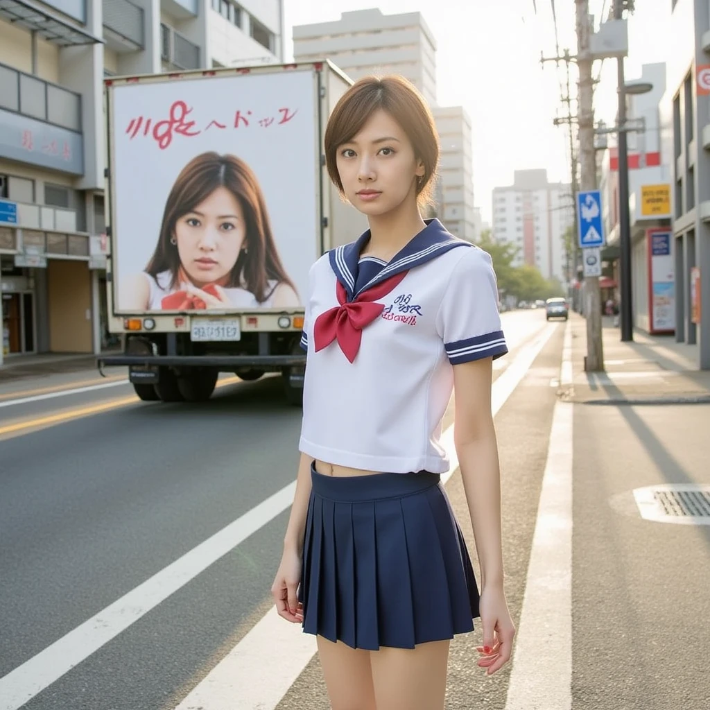 Perfect composition, Proper placement, Golden Ratio, masterpiece, Best Quality, Front View:1.331,  A beautiful Japanese woman is standing ,  cowboy shot,  SHE'S A FAMOUS SUPERMODEL, campaign girl,  Japanese high school sailor suit  :1.21, Short sleeve clothing, White short-sleeved sailor uniform :1.21, sera fuku:1.21, Red ribbon on uniform,  navy miniskirt , I can see her belly button , Brown Hair,  pixie cut hair :1.21, A large design truck is parked in the back ,  A portrait of herself is painted on a large truck,  Her own portrait is a campaign ad,  My original girlfriend is standing with her back to the truck,  sun rays  , Harajuku, Tokyo:1.331,  Cyberpunk City :1.331, intersection,  anatomically correct proportions,  small head ,  global lighting ,  Expression of Absolute Beauty  , Absolute Self-Love  ,