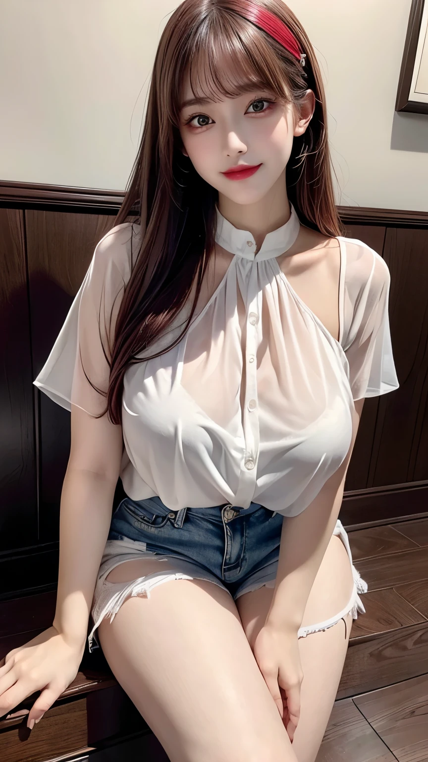 ((highest quality)), ((masterpiece)), (detailed), One girl, sexy, No panties, no bra,Bust massage,Huge breasts,Japanese,(White blouse:1.8),(black short skirt:1.7)