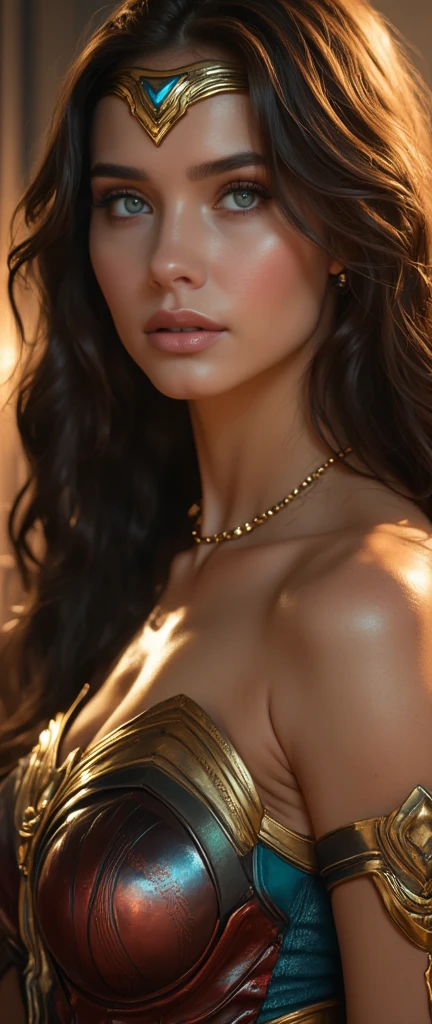 (masterpiece,  standing in front of ,  Premium quality:1.2), 1 woman, Alone,  beautiful, detailed eyes ,   Beautifully detailed lips  ,  Highly detailed face and features,  Wonder Woman,  huge boobs,   realistic,  Vibrant Colors ,  Cinematic Lighting, 32K, Concept Art