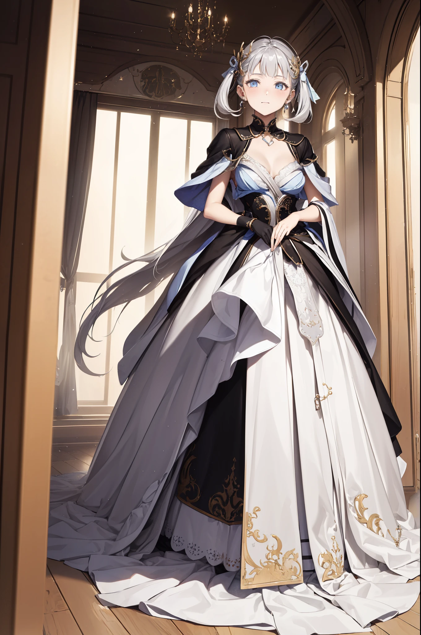 (best quality,4K,8K,high resolution,masterpiece:1.2),Extremely detailed,milf,,magic,enchanting,joy,Divine goddess,magical effect,Silver hair,Blue eyes,Transparent dress,Exquisite decoration,Features of the magical costumes of the heavens，A small amount of sky blue cloth,Exquisite clothing,Layered Skirt,detailed lace,Delicate ruffles,bedroom,Alone,at night,Lace pantyhose,Sacred stripes,Transparent clothing,Jewelry embellishments