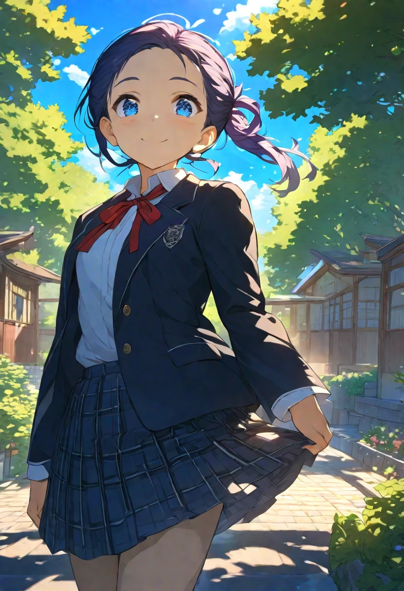 Nsfw, Masterpiece, hdr, bloom, 4k, Anime-style illustration featuring a beautiful female student with dark blue hair, Boyish hairstyle, ****, no bangs, 17age, Small in stature, large breast, She is wearing a formal school uniform consisting of a black blazer, white shirt, red neck ribbon, red plaid skirt, and black pantyhose. The student stands gracefully. The background is a serene school courtyard during a sunny day, with trees, a blue sky, and soft sunlight filtering through, creating a peaceful and bright atmosphere. The style is detailed and vibrant, evoking a classic anime scene, cowboy shot, looking at viewer, smiling 