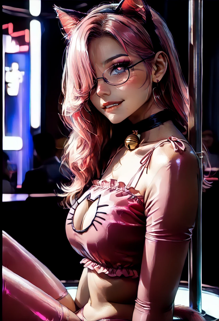 score_9,score_8_up,score_7_up, 1girl, Beautiful, Curvy, Tall, Mature, (Medium Breasts: 1.3), (Cat Woman: 1.3), (Black Frame Glasses: 1.3), (Pink Cat Ears and Tail: 1.3), (Dancing on a stripper pole, sitting, grabbing the pole, in strip club surrounded by neon nights and strobing lights: 1.3), (Long Pink Hair Over One Eye: 1.3), Pink Heart Shaped Eyes: 1.3, (Heart Pupils: 1.3), has shine, double eyelids, detailed irises, Tall, Curvy, Body, (Pink Latex cat lingerie, choker, neck bell: 1.3), Pink Latex Thighhigh Stiletto High Heels: 1.3, Red lipstick: 1.3, Black Eyeshadow: 1.0, hyper detailed, 16k, light and shadow on skin, vivid colors, Lustful Expression, perfect lips, sexy mature face, lots of freckles all over body, full voluptuous pouty lips, extreme blush, Looking at Viewer, eyes half open, (Biting Lower Lip: 1.3), (Close-up_from_side: 1.6), extremely detailed, ray tracing, RTX, high saturation, high contrast, photon mapping, ((sharp image)), ((best quality)), ((detailed background)), ((intricate details)), LowKeyLights_v2

