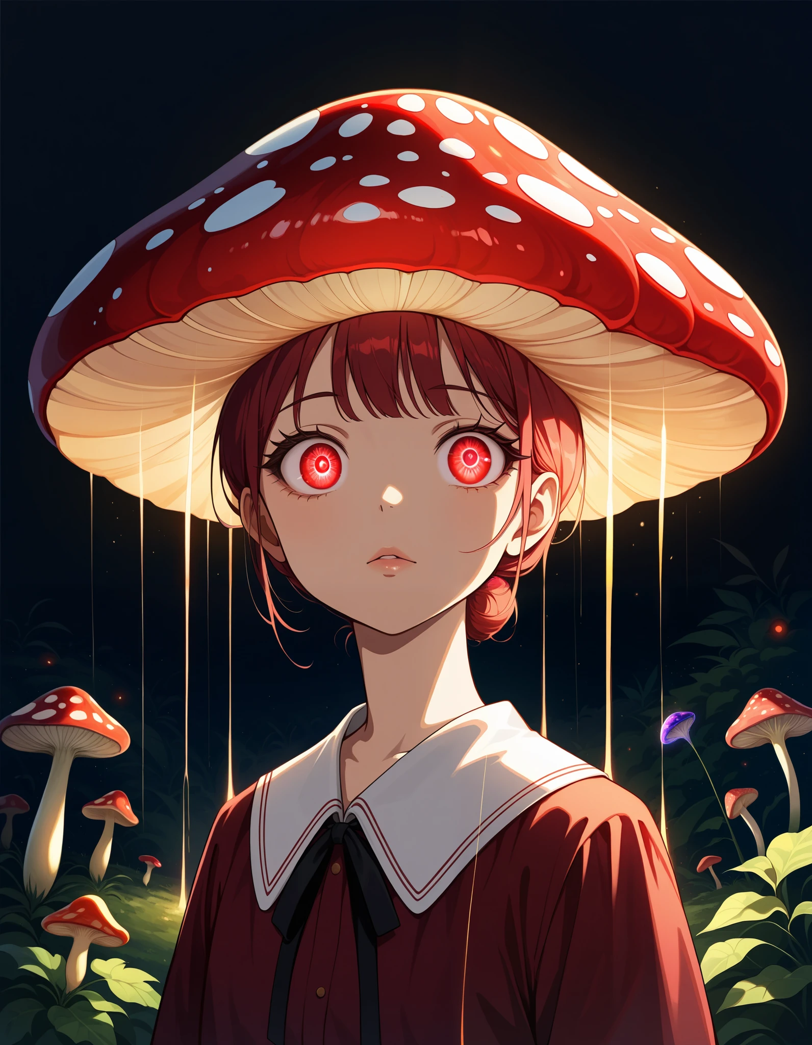 score_9, score_8_up, score_7_up, source_pony, a dark forest, detailed face, beautiful detailed eyes, beautiful detailed lips, extremely detailed eyes and face, long eyelashes, young girl, melancholic expression, standing, moody lighting, glowing bioluminescent mushrooms, chemiluminescent plants, dark red background, moody, dark, surreal, atmospheric, digital art, concept art, photorealistic, 8k, highly detailed, hyper realistic, masterpiece, best quality