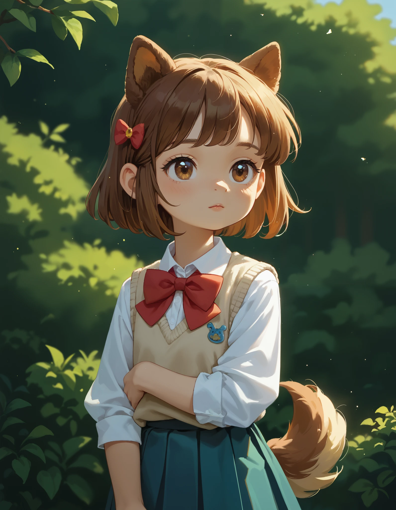 score_9, score_8_up, score_7_up, source_pony, masterpiece,best quality,highly,
1girl, solo,  konoha, brown hair, short hair, brown eyes, dog ears 
 bow tie, white shirt, pleated skirt, sweater vest, dog tail