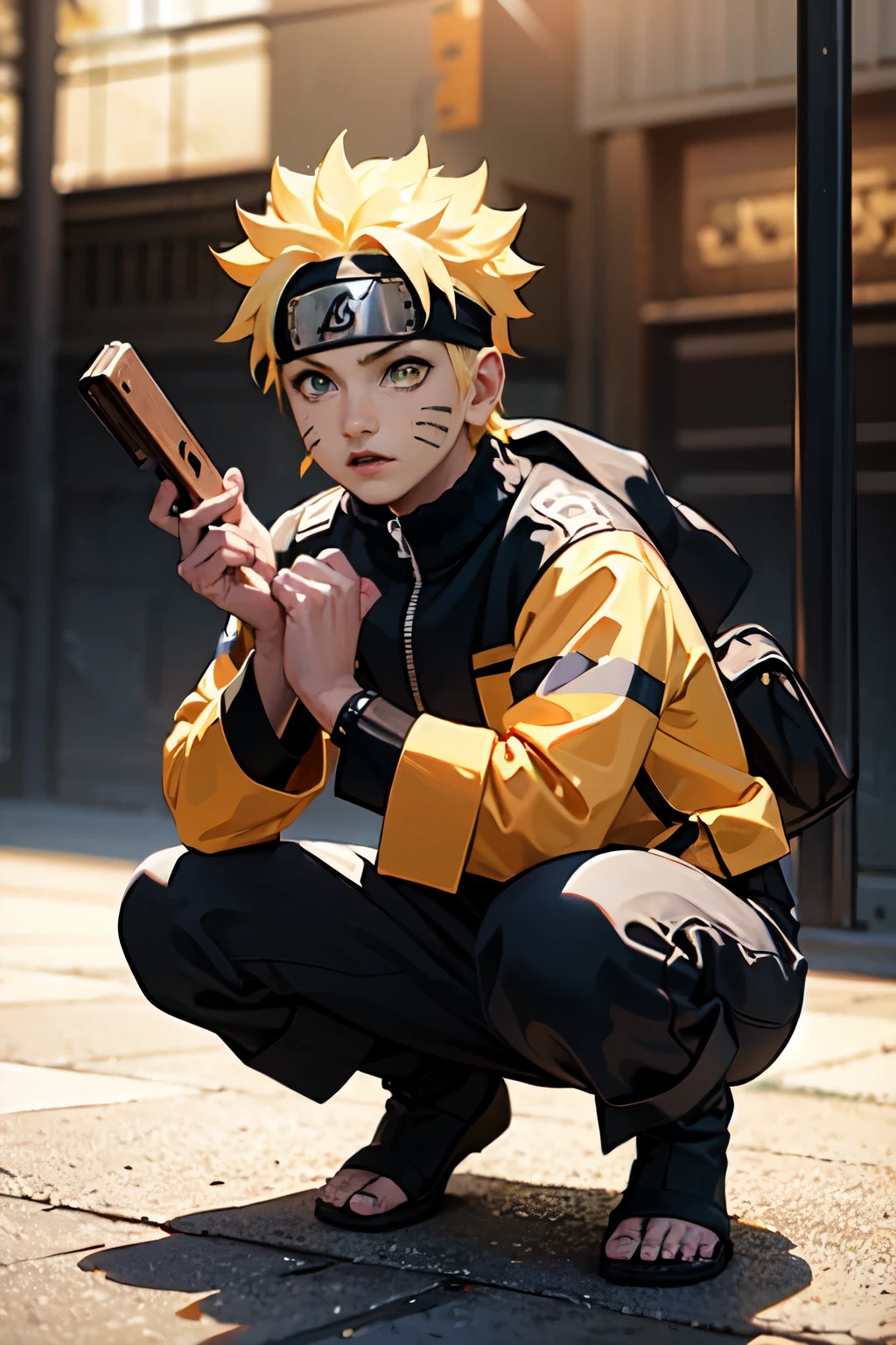  score_9,  score_8_up,  score_7_up,  score_6_up,  score_5_up,  score_4_up, Naruto,  One Boy ,  yellow eyes, symbol-shape pupils, Blonde,  Headband , facial mark、 Black Bodysuit , -bar \(symbol\), Golden jacket, High collar, full body, Golden Sandals, Cowboy Shooting