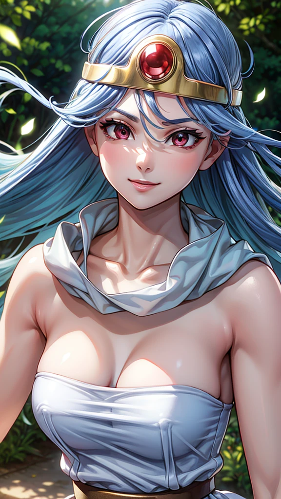 masterpiece, Best Quality, 4K, 8k, bad,  upper body,  face focus , close-up,  1 girl,  blue hair,  white dress, red eyes,  circlet,  clevis, smile,  happy , Depth, Depth of field,  outdoor , nature,  petals, wind, beautiful,  Hi-Res,  full light,   detail face  , Detailed bodies , masterpiece, Best Quality,  intricate details, 8k u Hi-Res,  perfect face, Perfect Eyes