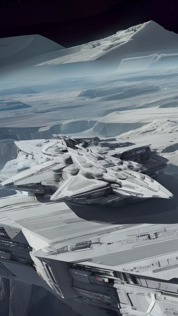 A giant spaceship flies through a mountain valley,Aerial view ,A spaceship composed of curves,The entirety of the spaceship is visible