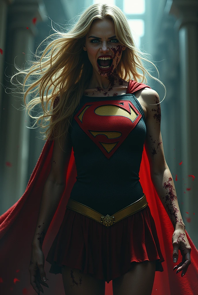 (((Extreme close-up of a beautiful woman with long blonde hair under the cloak of the Kryptonian Kara Zor-El alias Supergirl in a blue suit with tiny scales on the suit, a red skirt, the Superman emblem on her suit on her knees screaming with a mortal wound in her chest with a metal bar in flourescent green Kryptonite on the bar, blood around her, skulls in a cemetery, bloody images)))