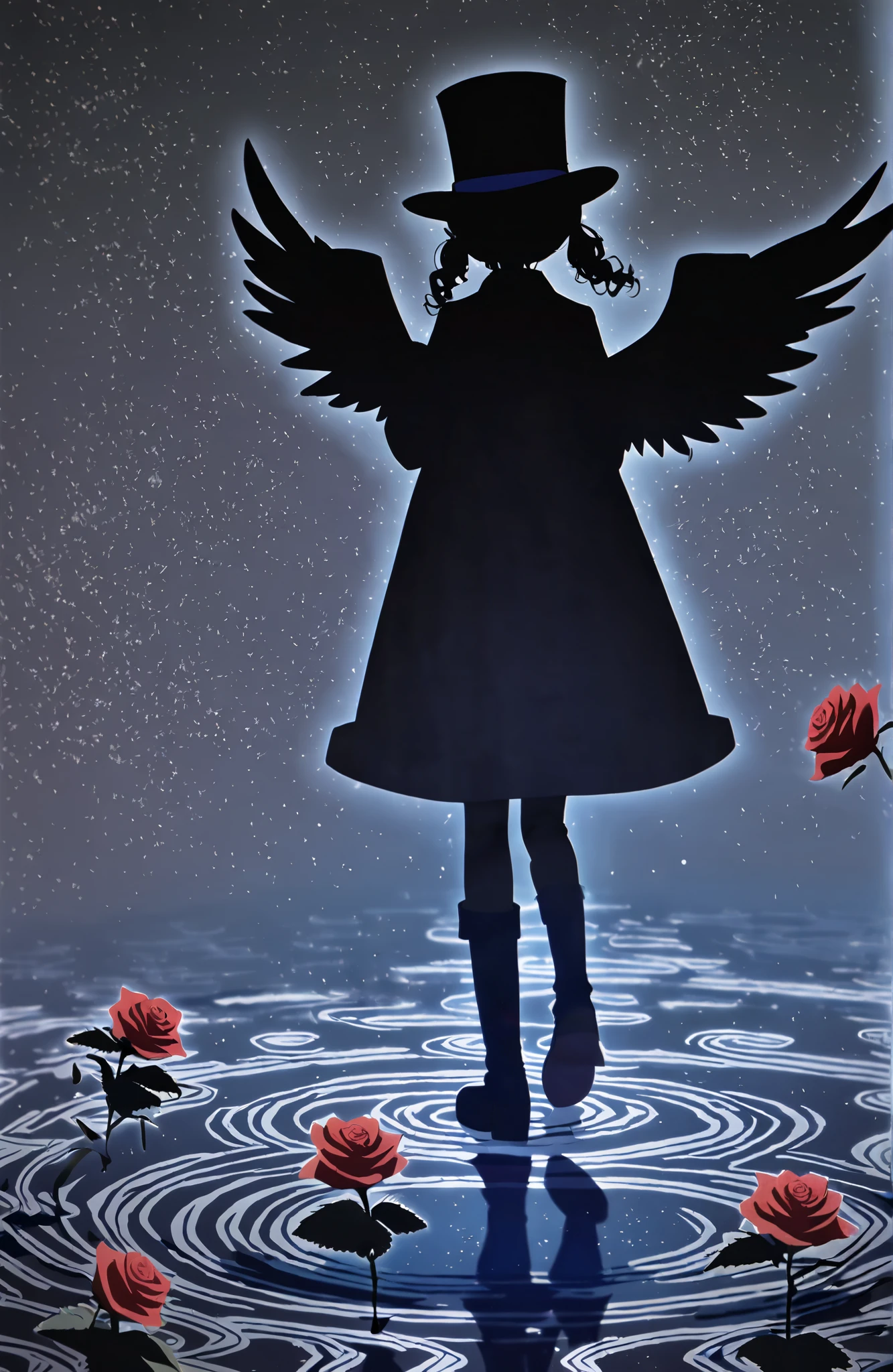 1 toddler，Short stature，whole body，Silhouette， black background，ripples under blue feet ，Light Particles， black figures ，Holiness， characters take up a small area ，Double ponytail curls ，Coat，boots，Top Hat，Angel Wings， dark red rose background，Flowers，feather