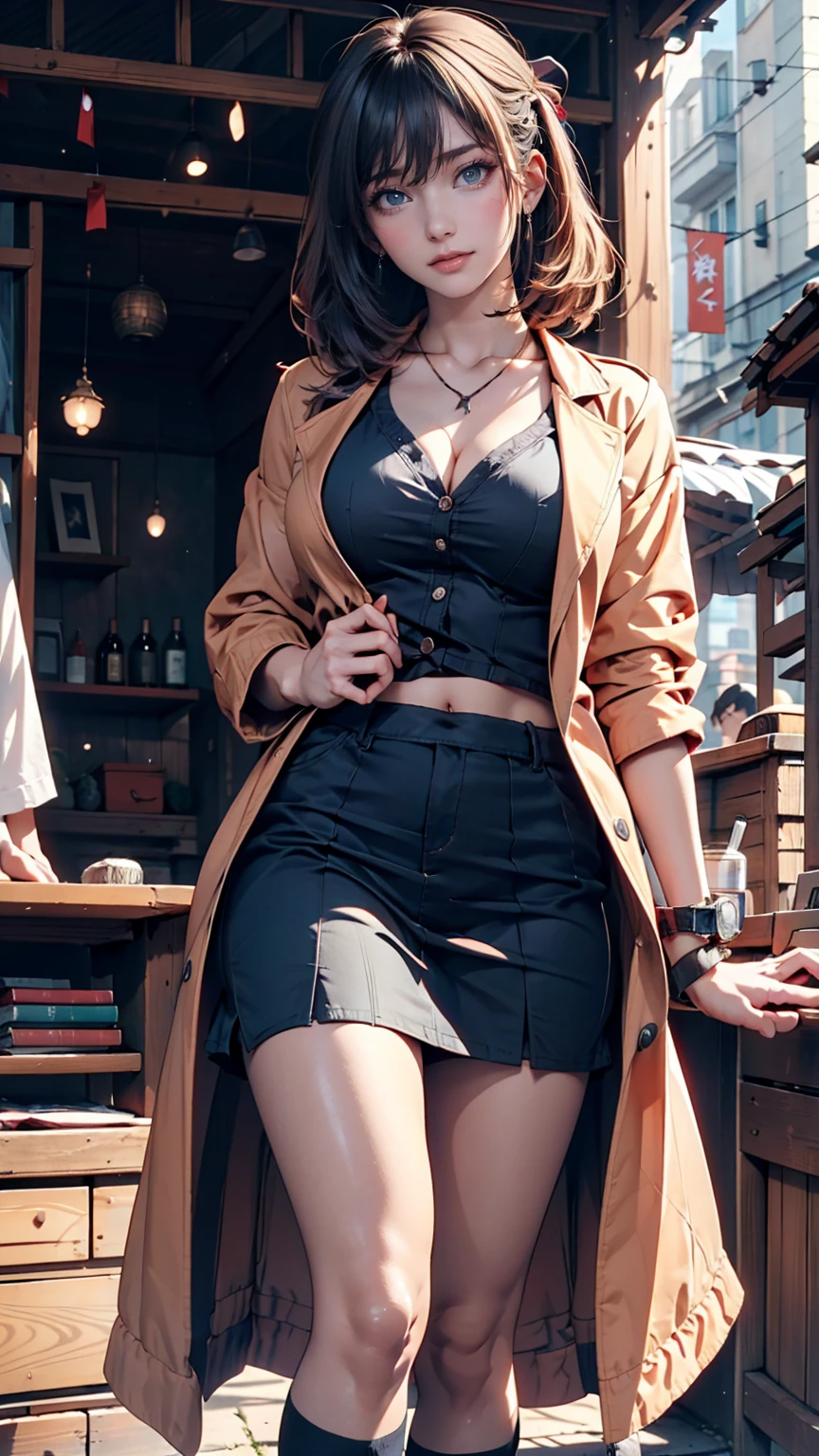 a woman wearing a mask and a green sut, cyberpunk hiroshima, seductive anime girl, office lady skirt, black thigh, black high heels, brown bag, standing, black skirt