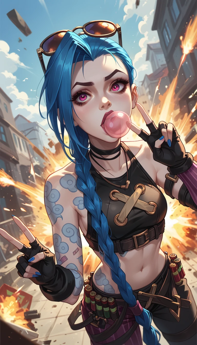 jinx from league of legends, wearing sunglasses while her hand showing the peace hand sign. There is a huge explosion behind her, blowing up a secret lab. she has a long twin braid, and a bubble gum in her mouth. dutch camera angle, wide shot, with the composition of the image should be intense with the color of the explosion and the light it emits.