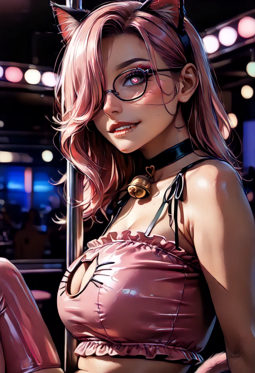 score_9,score_8_up,score_7_up, 1girl, Beautiful, Curvy, Tall, Mature, (Medium Breasts: 1.3), (Cat Woman: 1.3), (Black Frame Glasses: 1.3), (Pink Cat Ears and Tail: 1.3), (Dancing on a stripper pole, sitting, grabbing the pole, in strip club surrounded by neon nights and strobing lights: 1.3), (Long Pink Hair Over One Eye: 1.3), Pink Heart Shaped Eyes: 1.3, (Heart Pupils: 1.3), has shine, double eyelids, detailed irises, Tall, Curvy, Body, (Pink Latex cat lingerie, choker, neck bell: 1.3), Pink Latex Thighhigh Stiletto High Heels: 1.3, Red lipstick: 1.3, Black Eyeshadow: 1.0, hyper detailed, 16k, light and shadow on skin, vivid colors, Lustful Expression, perfect lips, sexy mature face, lots of freckles all over body, full voluptuous pouty lips, extreme blush, Looking at Viewer, eyes half open, (Biting Lower Lip: 1.3), (Close-up_from_side: 1.6), extremely detailed, ray tracing, RTX, high saturation, high contrast, photon mapping, ((sharp image)), ((best quality)), ((detailed background)), ((intricate details)), LowKeyLights_v2

