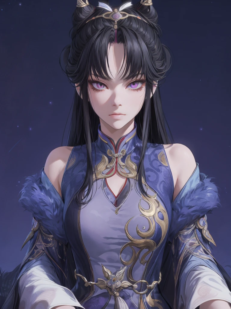 Masterpiece , best quality, 1 Xiao Wu , Face Color Looks Cool , Strong, Golden Left Eye , Red Right Eye , Long hair, Black hair, Firm Eyes , foxy eyes , Front Photo , simple background, purple Background , Anime, illustration, Full body , bun hair , sit on garden , full detail 