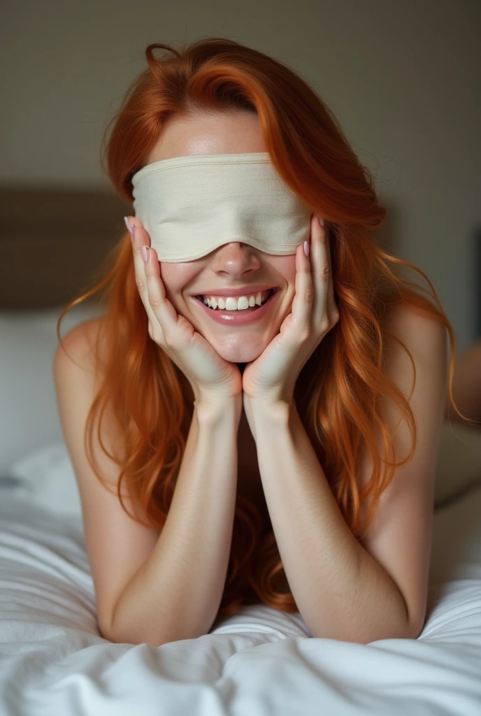 (portrait),topless,beautiful,happy blindfolded,23 years old,woman,wavy messy,shoulderlong,red hair,facial freckles, black sleepmask blindfold.