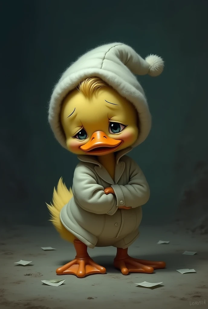 A sad lonely duck crying in pajamas and a hat going to sleep alone
