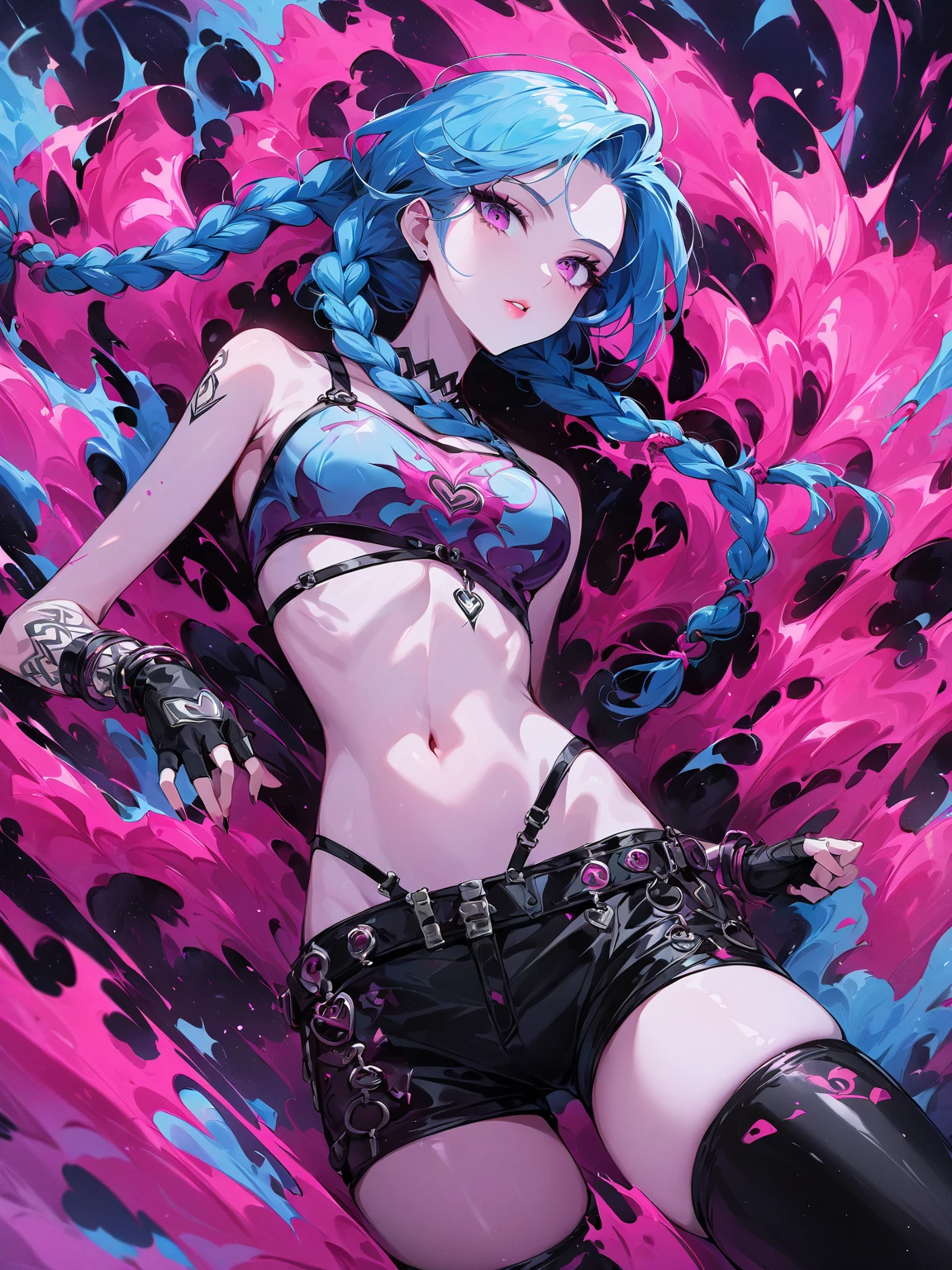 Jinx,A girl in a crop top and a pack of cats, lovely art style, lofi-girl, Loli, Anime style illustration, decora inspired illustrations, Praise Artstyle, lois van baarle and rossdraws, Splash art anime Loli, small loli girl, elokitty, cute anime catgirl, :14 flcl + Akira