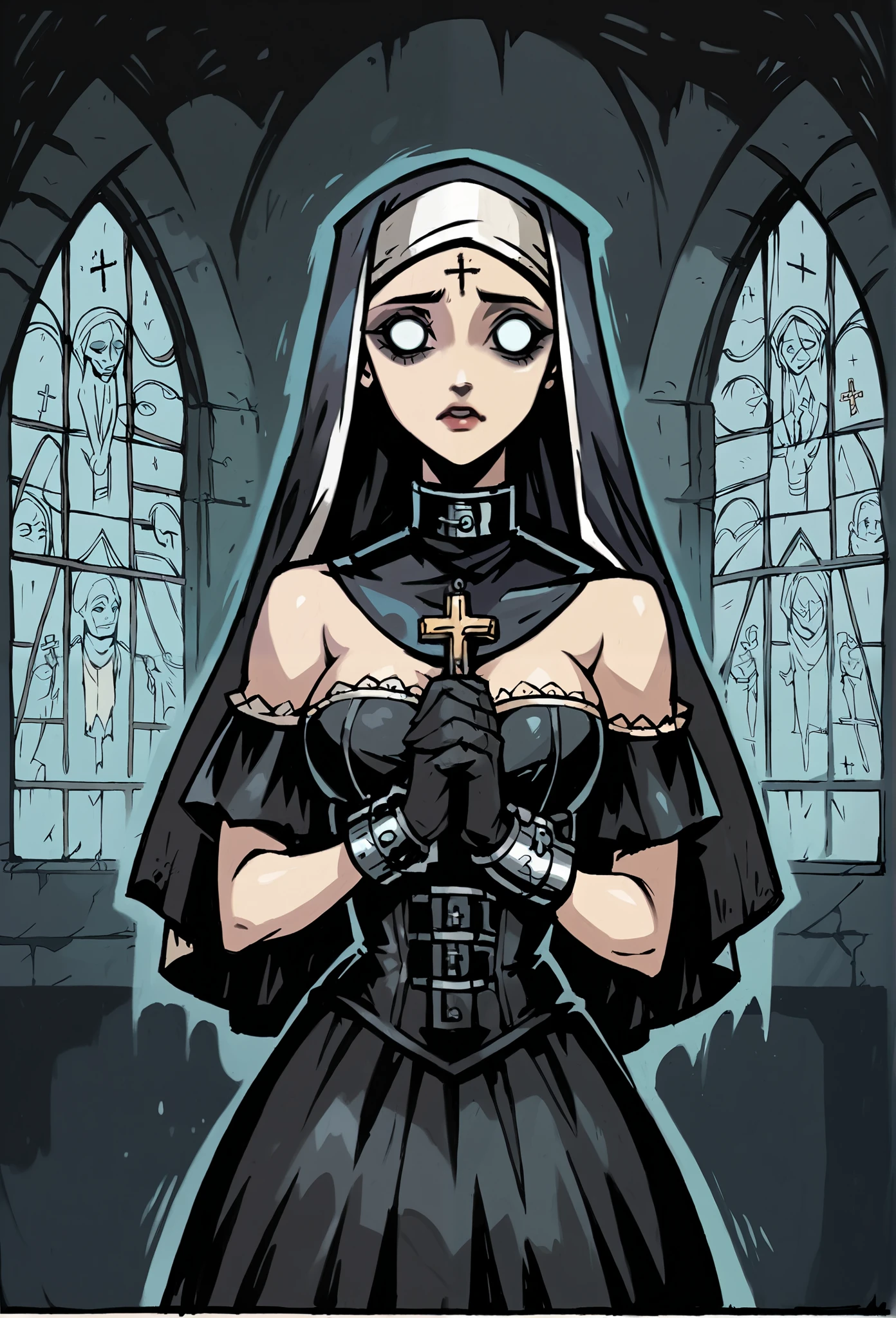  Draw a female character with an aesthetic that mixes Catholic symbolism and BDSM elements.  She wears a clothing inspired by a religious habit ,  but with provocative details , like black leather,  lace and metallic accessories .  The traditional veil is adorned with silver chains that descend over your shoulders ,  contrasting with the sacred aura of her posture .  She wears a leather corset with cross details ,  tied with satin ribbons and wrapped in thin strings that recall bondage practices .  Her arms are covered by long leather gloves ,  with metal bracelets connected by small padlocks .  Catholic symbols , like the rosary ,  are present as accessories , with a gothic and provocative touch. His expression is enigmatic, almost heavenly,  with intensely outlined eyes ,  evoking both power and submission . In the background,  a religious stained glass window stylized with deep colors ,  highlighting duality between the sacred and the profane in the character .