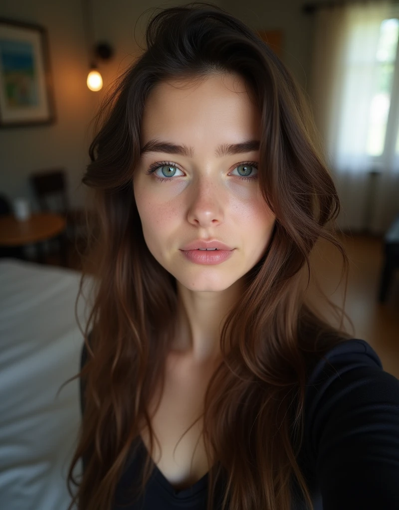 a selfie of a pretty young woman, taken with iphone camera, black dress, open big breasts, pink long hair, big beautiful detailed eyes, extremely detailed eyes and face, Kinematic light, side lighting, ultra highres, Ground-mounted hiking clothing, woods, rochers, river, sun
