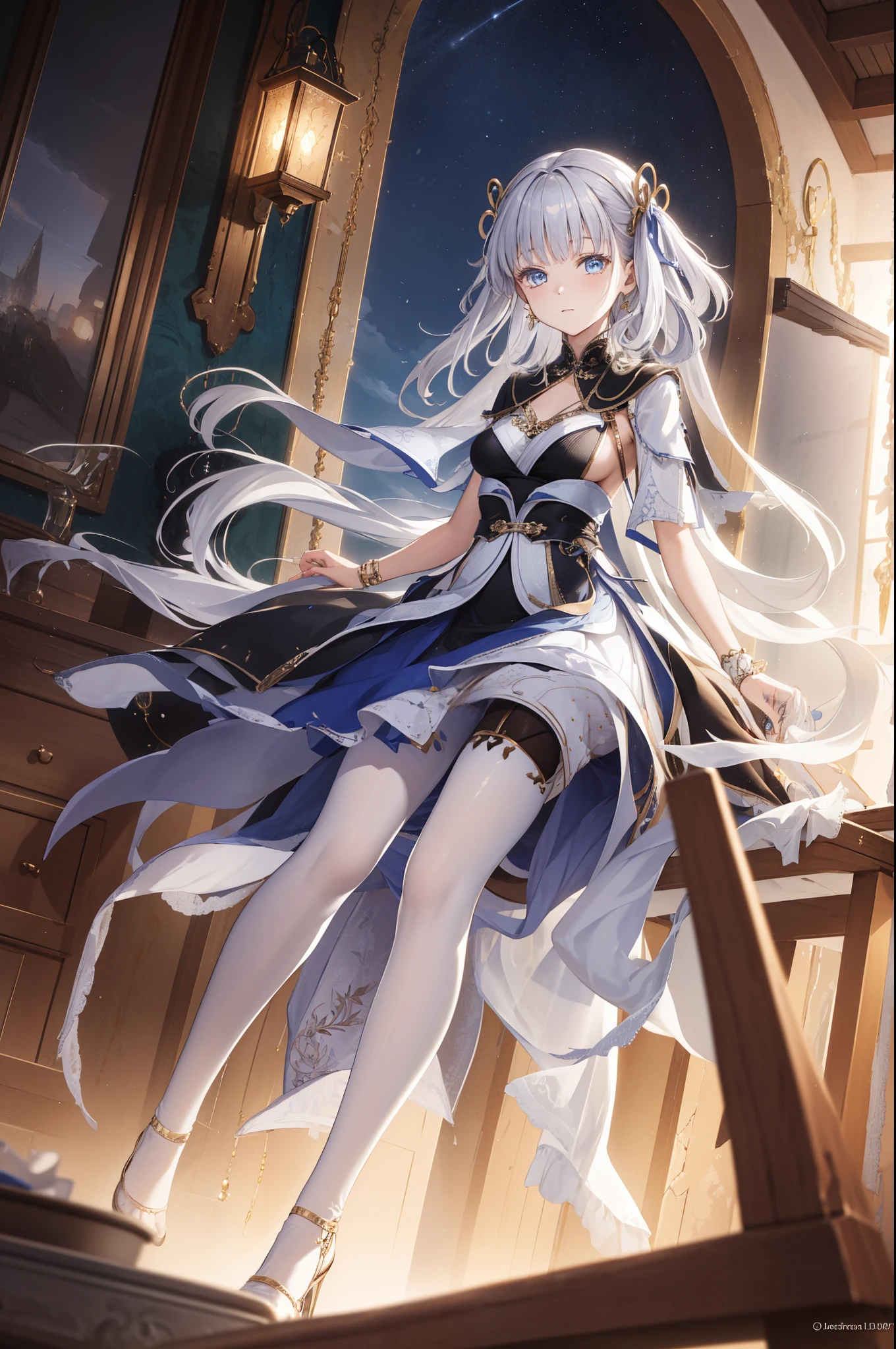 (best quality,4K,8K,high resolution,masterpiece:1.2),Extremely detailed,milf,,magic,enchanting,joy,Divine goddess,magical effect,Silver hair,Blue eyes,Transparent dress,Exquisite decoration,Features of the magical costumes of the heavens，A small amount of sky blue cloth,Exquisite clothing,Layered Skirt,detailed lace,Delicate ruffles,bedroom,Alone,at night,Lace pantyhose,Sacred stripes,Transparent clothing,Jewelry embellishments