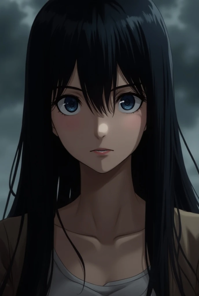 Create an image of an anime girl attack on titan style, with long, straight, well-groomed black hair, no bangs on the forehead, defined eyebrows and navy blue eyes that reflect her character.  Smaller eyes 