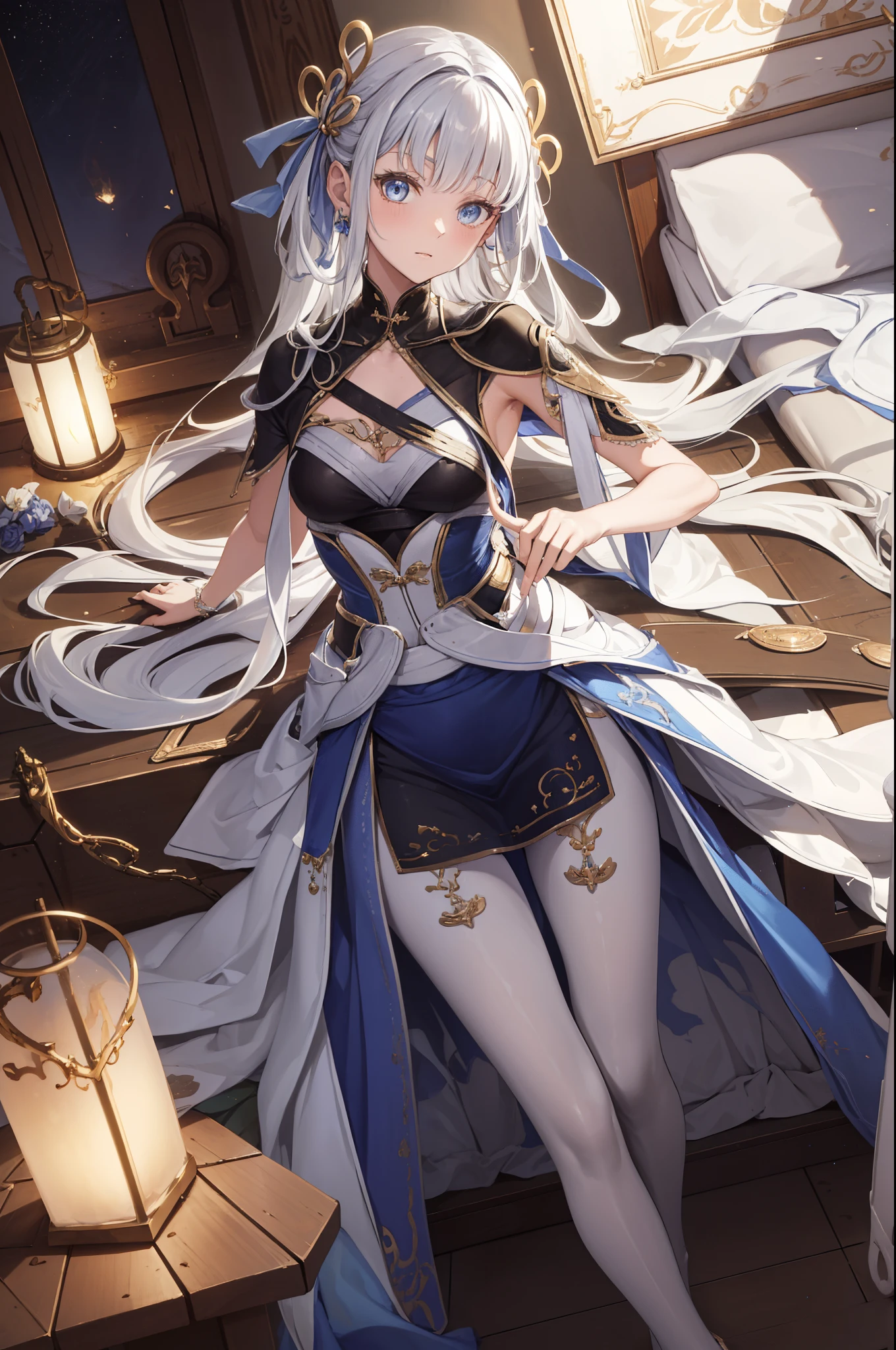 (best quality,4K,8K,high resolution,masterpiece:1.2),Extremely detailed,milf,,magic,enchanting,joy,Divine goddess,magical effect,Silver hair,Blue eyes,Transparent dress,Exquisite decoration,Features of the magical costumes of the heavens，A small amount of sky blue cloth,Exquisite clothing,Layered Skirt,detailed lace,Delicate ruffles,bedroom,Alone,at night,Lace pantyhose,Sacred stripes,Transparent clothing,Jewelry embellishments