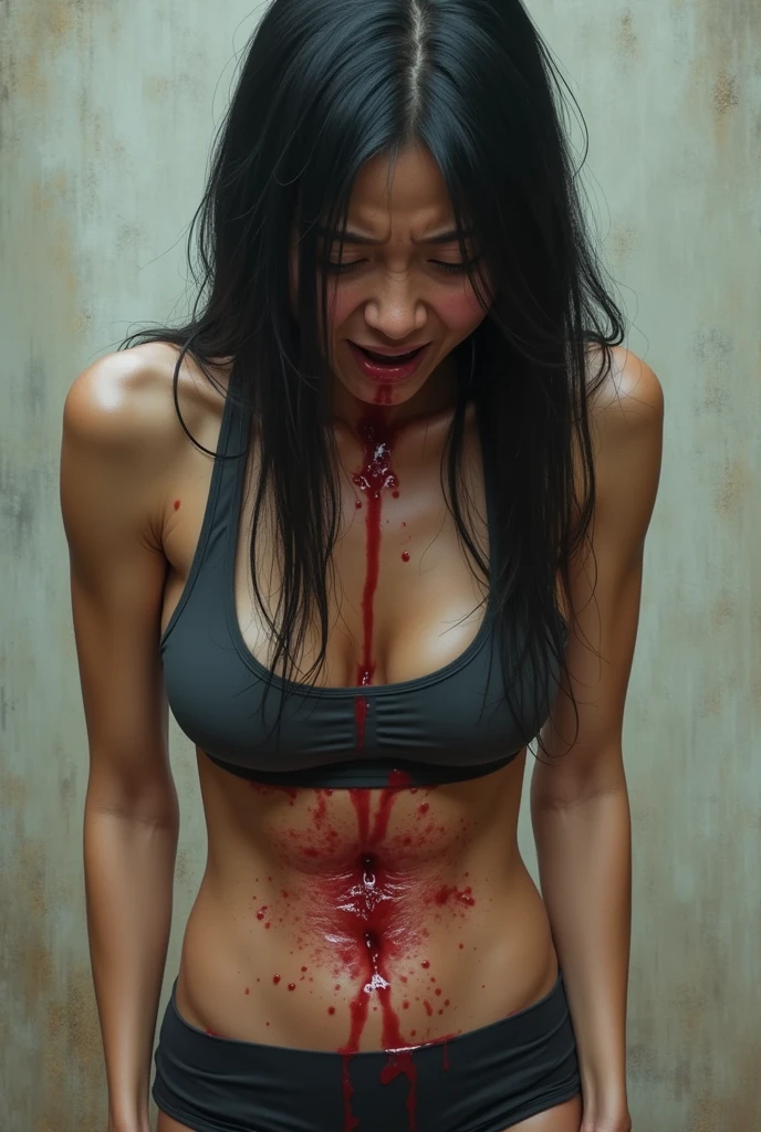 A 25-years old very beautiful sweaty naked Chinese girl with hairy armpits and bodybuilder abs crying and bleeding when tortured by a man