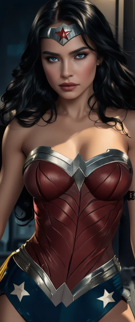 (masterpiece,  standing in front of ,  Premium quality:1.2), 1 woman, Alone,  beautiful, detailed eyes ,   Beautifully detailed lips  ,  Highly detailed face and features,  Wonder Woman,  huge boobs,   realistic,  Vibrant Colors ,  Cinematic Lighting, 32K, Concept Art