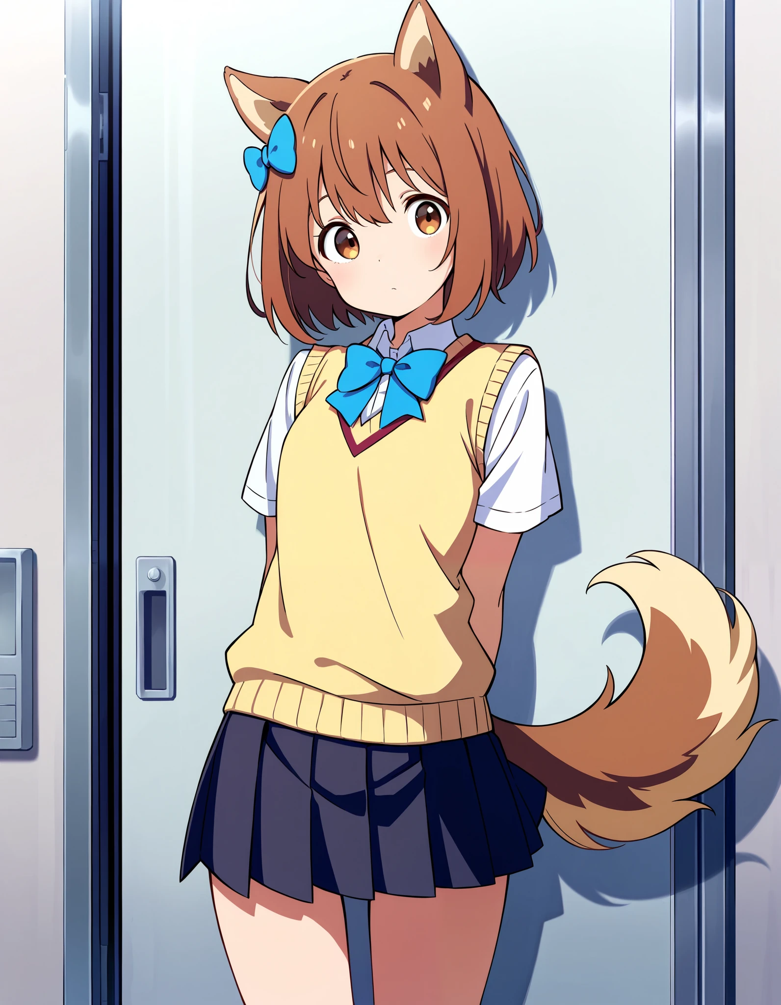 score_9, score_8_up, score_7_up, source_pony, masterpiece,best quality,highly,
1girl, solo,  konoha, brown hair, short hair, brown eyes, dog ears 
 bow tie, white shirt, pleated skirt, sweater vest, dog tail