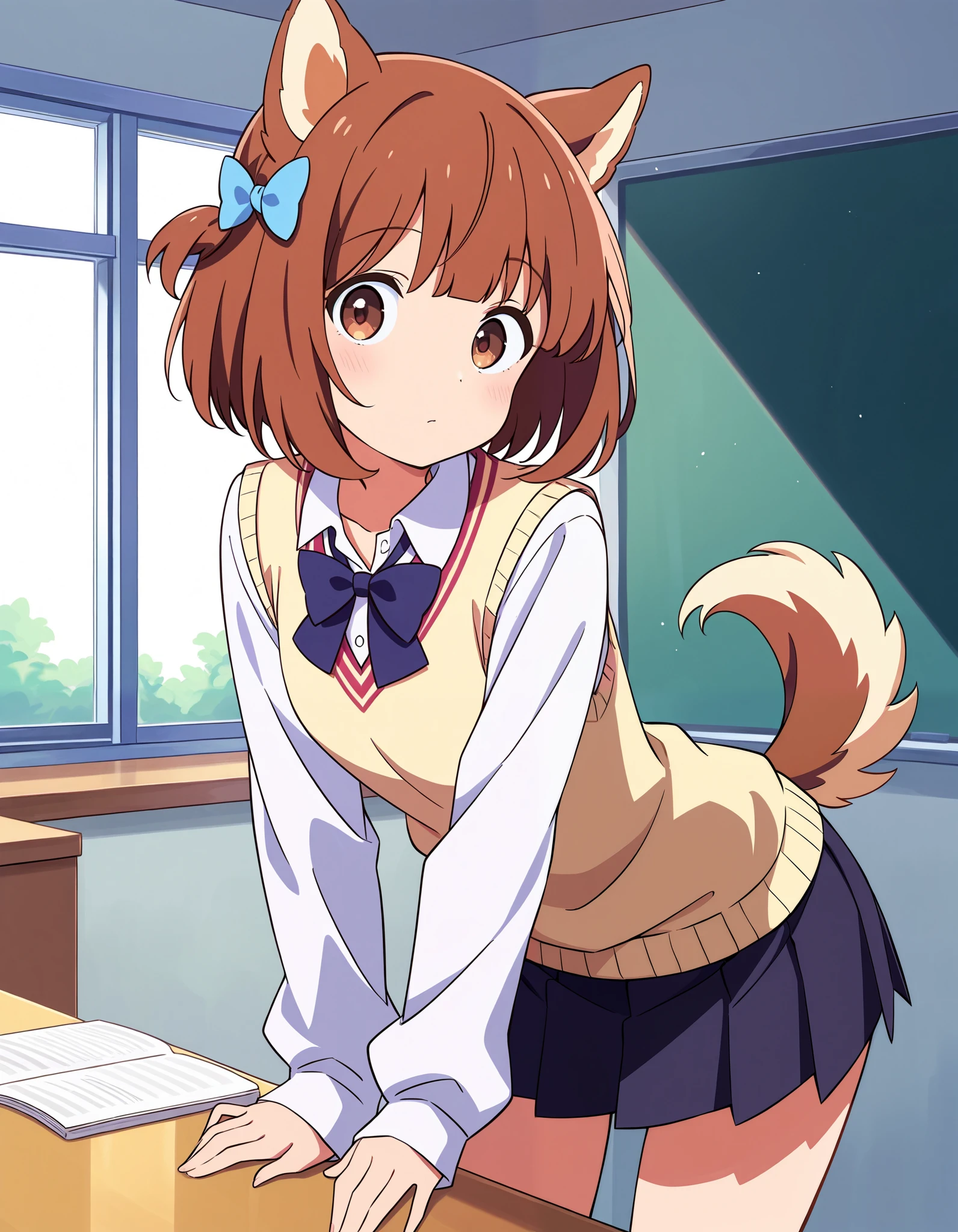 score_9, score_8_up, score_7_up, source_pony, masterpiece,best quality,highly,
1girl, solo,  konoha, brown hair, short hair, brown eyes, dog ears 
 bow tie, white shirt, pleated skirt, sweater vest, dog tail