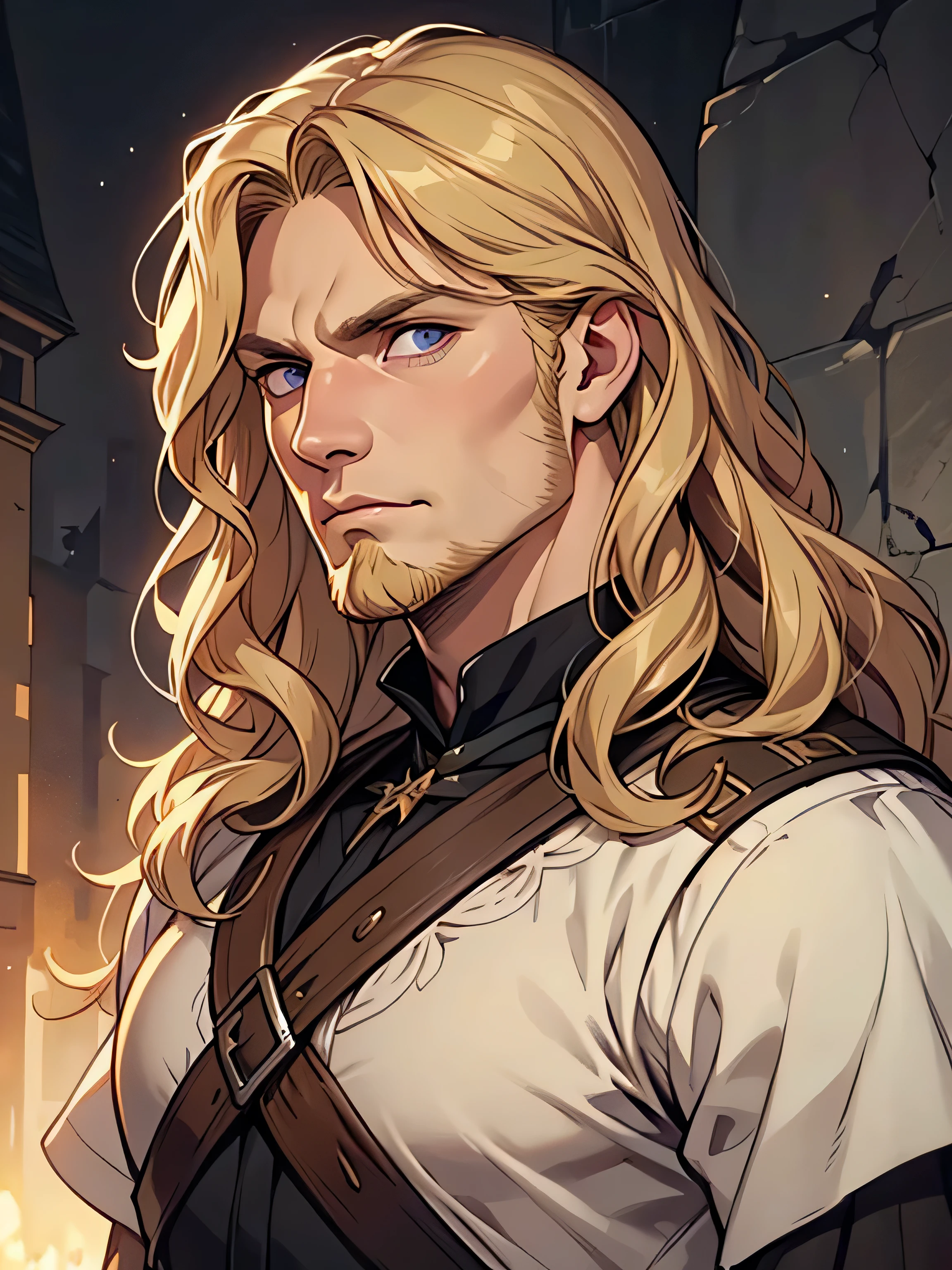 male, late 30s, blond, ((shoulder-length, middle-part wavy hair)), light-purple, deep-set, Sanpaku eyes, slightly thick blond beard, aquiline and hooked nose, slightly underbite, chiseled, slightly long face, fearless expression, strong and dependable body, medieval European royal attire, portrait