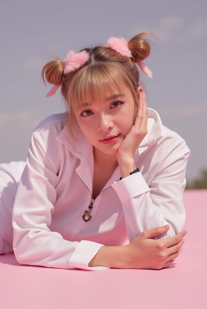 there is a little girl in a pink outfit , wearing a pink costume, portrait shot, wearing a baggy fluffy pajamas, rim light, realistic, young blonde woman, 4k, realistic, rim light, high resolution, shiny hair wavy, spotlight. Her hair impeccably styled, with a glossy finish that adds to her charm. The subtle rim light highlights the contours of her figure, adding depth and dimension to the composition. This artwork combines the elements of a beautiful hair, high-resolution image, realistic rendering, dark background, and rim light.