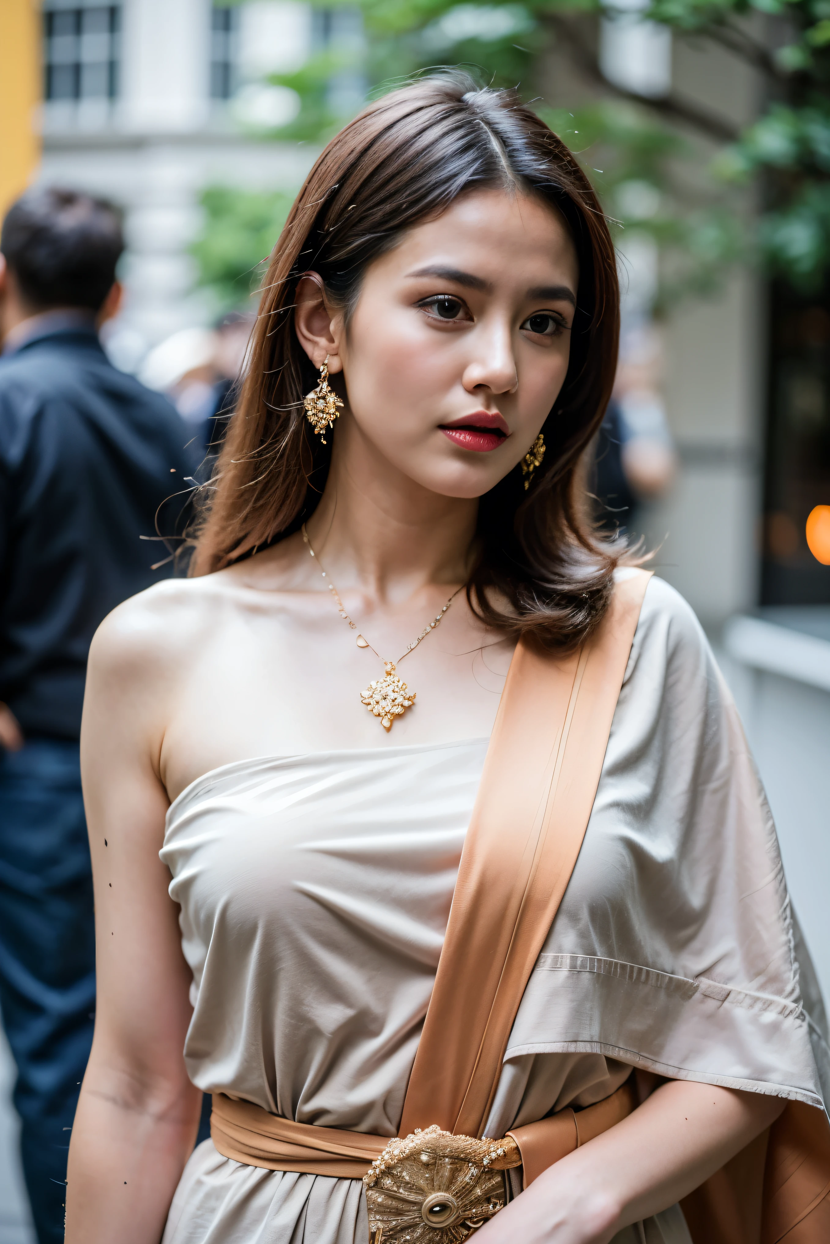 (1 woman:1.1)、Beautiful Japan adult woman、((best qualtiy, 8K, tmasterpiece:1.3))、((realisitic:1.5))、((sense of reality:1.5))、Perfect litthing、Perfect figure beautiful woman:1.4、((Layered Hair Style、ample breasts:1.2))、(Translucent blouse:1.2)、(Street:1.2)、Highly detailed facial and skin texture、glowy skin、A detailed eye、二重まぶた、(The front of the blouse is open:1.1)、(breast cleavage exposed:1.u can see the protrusion of the nipples from the top of the blouse.:1.1)、Gorgeous Gold Necklace、Gorgeous Gold Earrings、see the beholder、Upshot、