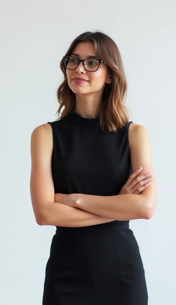 ((masterpiece)) ((photography)) ((Highest quality)) A realistic full-body of a 35-year-old brunette woman with black hair and glasses, standing calmly against a white background. She is dressed in a stylish, understated black dress that reflects elegance. Her expression is thoughtful and intelligent, with a slight smile that adds warmth to her demeanor. The lighting is soft, highlighting her glasses and hair, adding depth to her composed and graceful appearance.