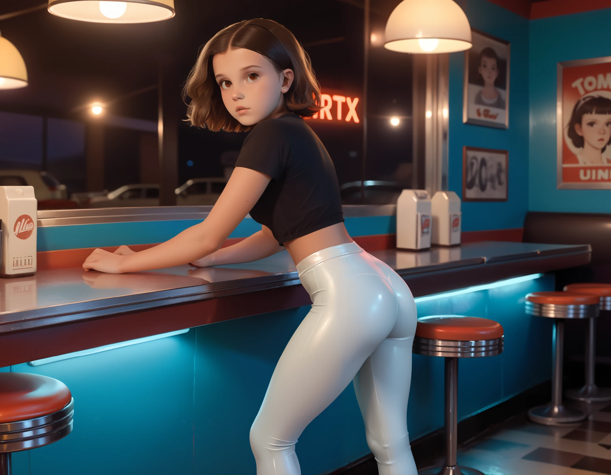 Millie Bobby Brown, , revealing tight plain cotton t-shirt and tight shiny leggings, trainers, standing in a diner in the 1980s at night, (dynamic pose shown from a side view:1.2), medium shot:1.2, highres highly detailed best quality UHD RTX by Ilya Kuvshinov Tom Bagshaw WLOP