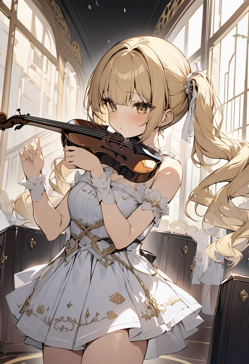 Highest_quality,masterpiece,1_ girl,小さい girl、Blonde,  ponytails,  Half Up,  cute dress 、violin、Concert、