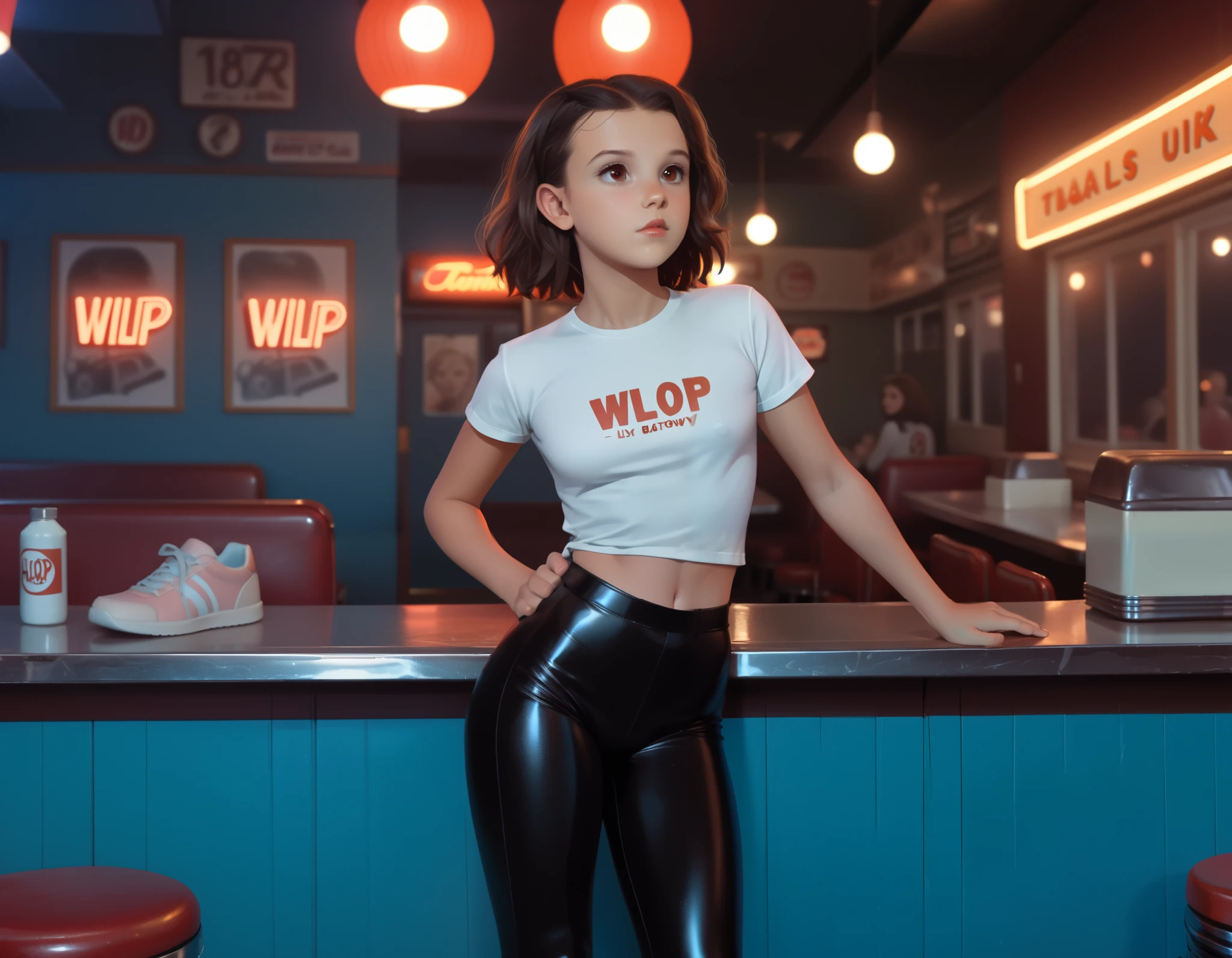 Millie Bobby Brown, , revealing tight plain cotton t-shirt and tight shiny leggings, trainers, standing in a diner in the 1980s at night, (dynamic pose shown from a side view:1.2), medium shot:1.2, highres highly detailed best quality UHD RTX by Ilya Kuvshinov Tom Bagshaw WLOP