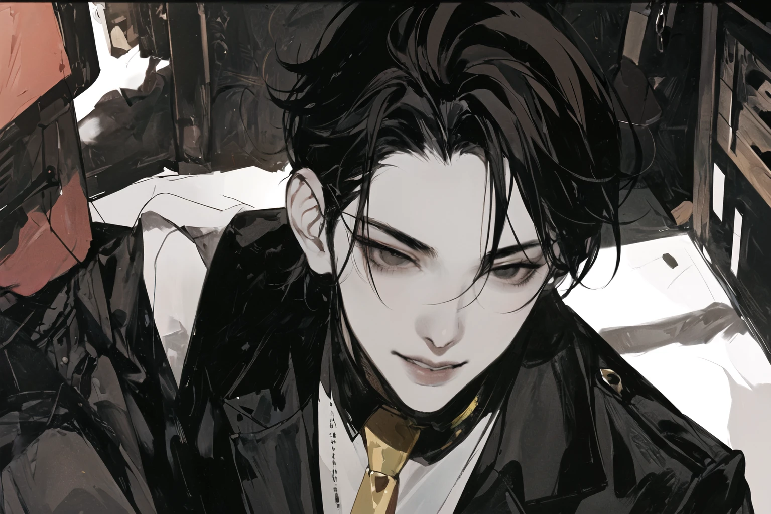 1 boy , portrait, alone,Lips, Male focus, black eyes, looking at the audience, dark hair , Short hair, Shut up, perfect smile