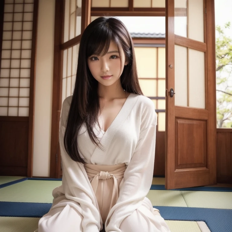  a very beautiful Japanese woman ，Age 25，I&#39;m at the party， Gorgeous Evening Dresses（ no bra ， off-shoulder ， black stockings in a dark prison， black high heels， gold necklace ， gold earrings ，Gold Watches） 1 girl,  turn your gaze , smile,  Hi-Res, masterpiece,  anatomically correct,  HIGH DETAILS,  Ultra High Definition,  textured skin, Brown Hair, Long Hair,  big breasts at the temple, Constructivism,  portrait photo with lots of ties, 