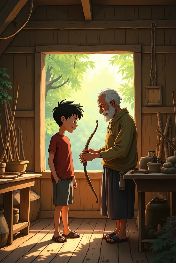 Panpan (a  boy) stands beside his elderly grandfather in a small wooden cottage surrounded by a forest.
The grandfather is focused, carving a wooden bow, while Panpan watches with admiration.
A wooden table is filled with bow-making tools and unfinished bows.
Soft sunlight streams through the window, creating a warm and cozy atmosphere.
2. Scene: Panpan Finishes His First Bow