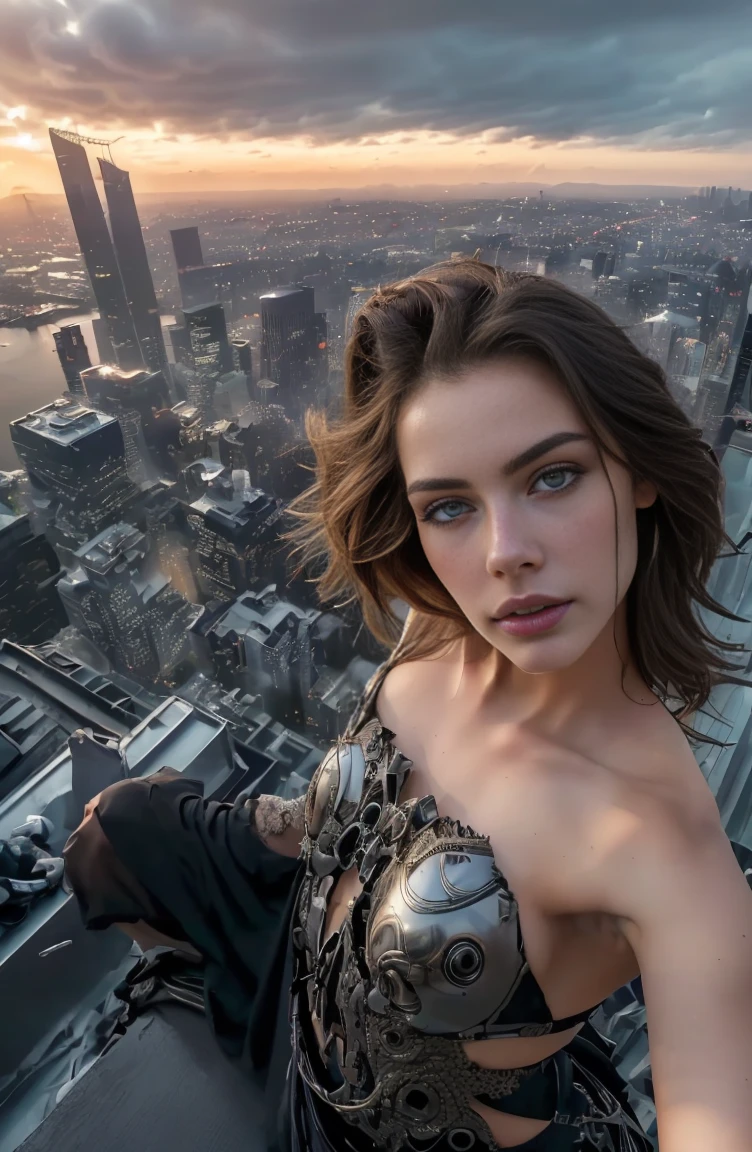 (2 girls), angelina jolie, tan skin, black short hair with bangs,standing, in a garden on top of y Sky high building in New York, cleavage exposed, high heels, latex shibari, naked under shibari, latex garter and stockings, barepussy, choker, (skiny body, anorexic), superior quality, many details, Puri focus Sharp and realistic, huge breast, smile, from above.