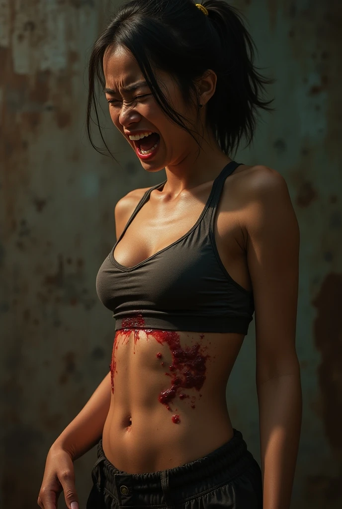 A 25-years old very beautiful sweaty naked Indonesian girl with hairy armpits and bodybuilder abs crying and bleeding when tortured by a man