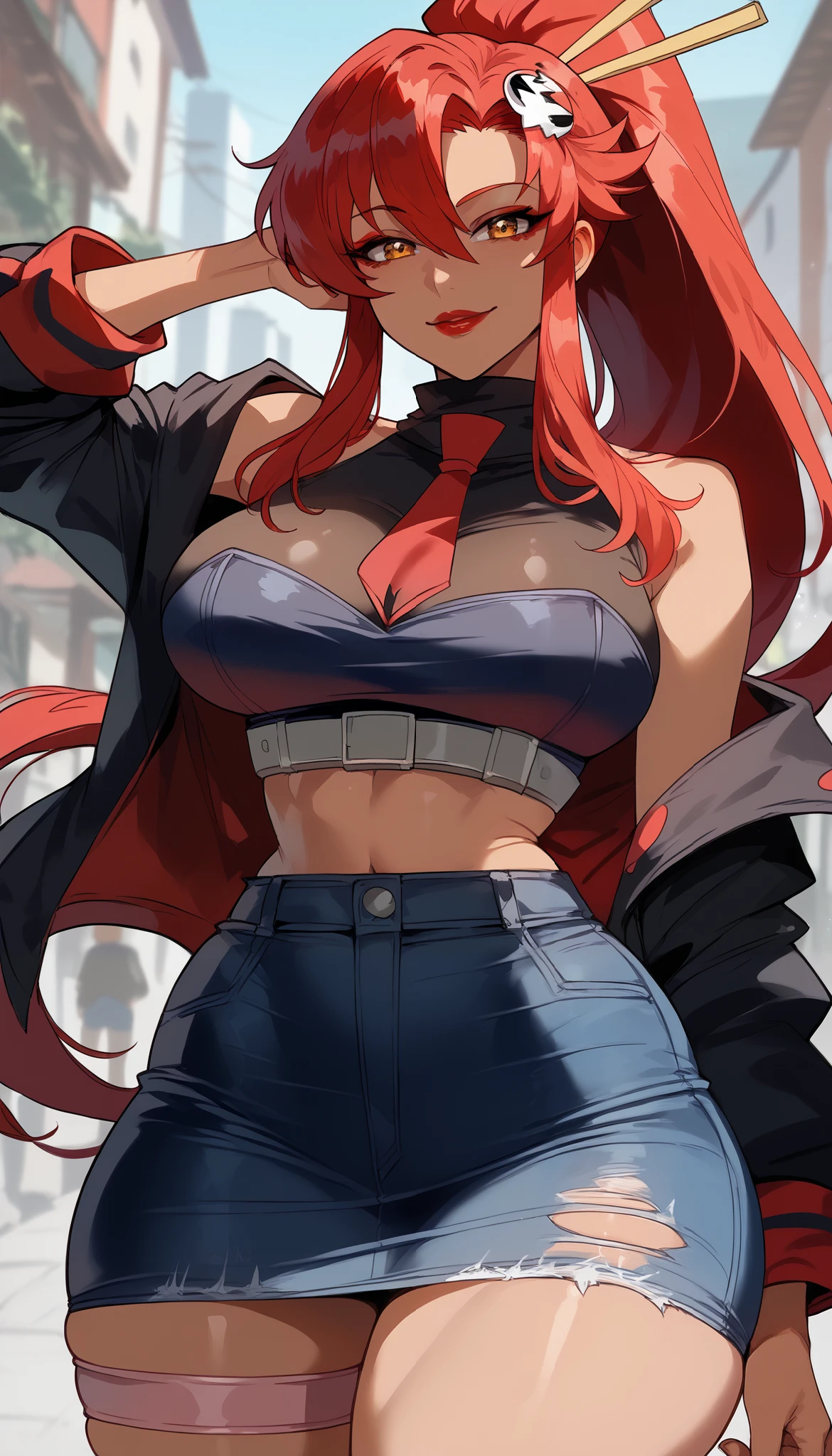 perfect eyes、 perfectly sexy face、Ultra Detailed、Yoko Littner、Tengen Toppa Gurren-Lagann、shiny hair、( Big breasts ), black shirt、black jacket、Tight Waist、thin waist、dark blue denim skirt、 Thigh straps 、 glowing skin、 tanned skin 、Beleza、erotic、Red Eyeliner、 red lips 、wicked smile、 looking at the viewer 、