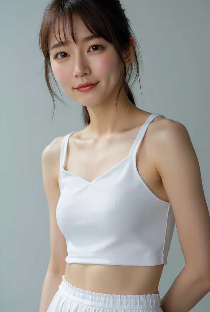 Tight white top:1.2, Looking at the audience, light, Perfect, Soft Light, High resolution skin:1.2, Realistic skin texture, 18 year old female, 、Small face、without make-up、Off-shoulder,Bust C cup, blue eyes, short hair, Dark brown hair、full-body shot、Gray background、