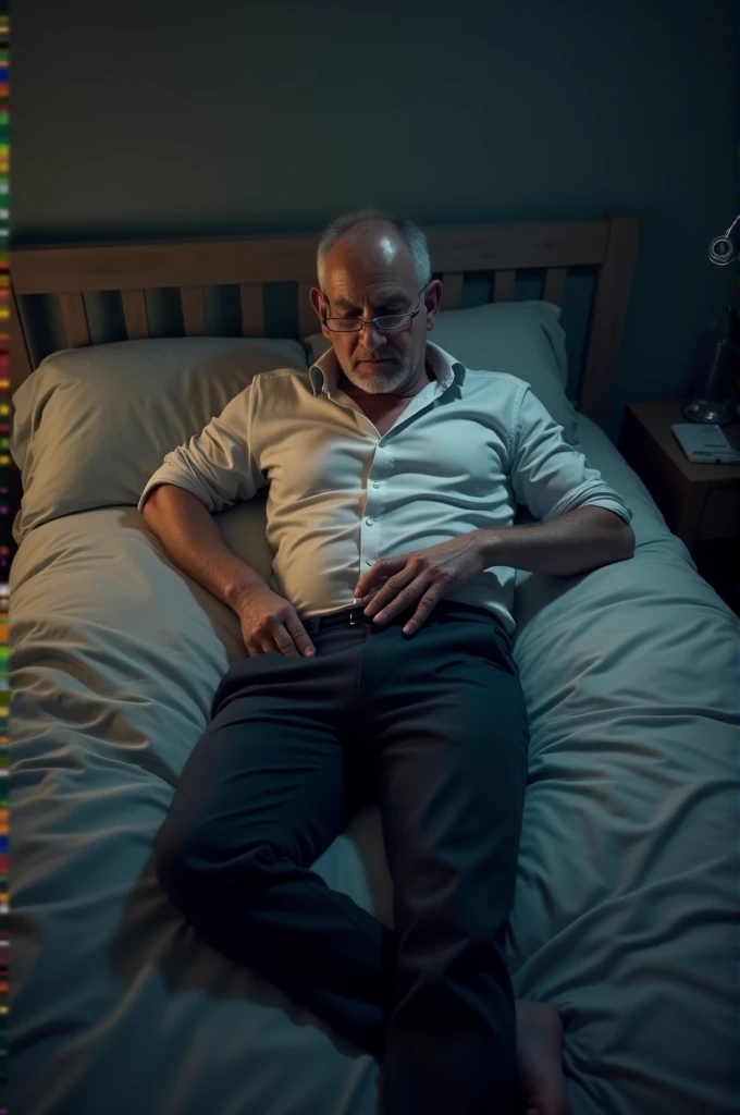 photo of an old man sleeping on a bed and his young boy sitting on a chair nearby.