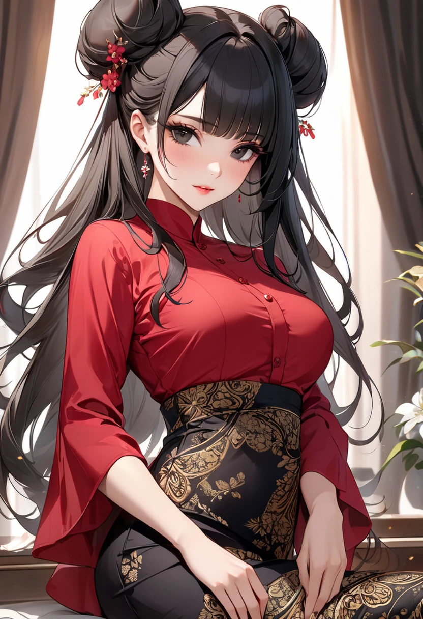 score_9,score_8_up,score_7_up,masterpiece, top quality, best quality, official art, beautiful and aesthetic, animation, , 1female, solo, women, mature figure, (black hair:1.2), golden pendant earrings, golden hair pin, male pov, bedroom, calling for men to chat, (Chinese clothing:1.2), women sitting flirting with men, female&#39;s clothes:1.5, female&#39;s description and action ,