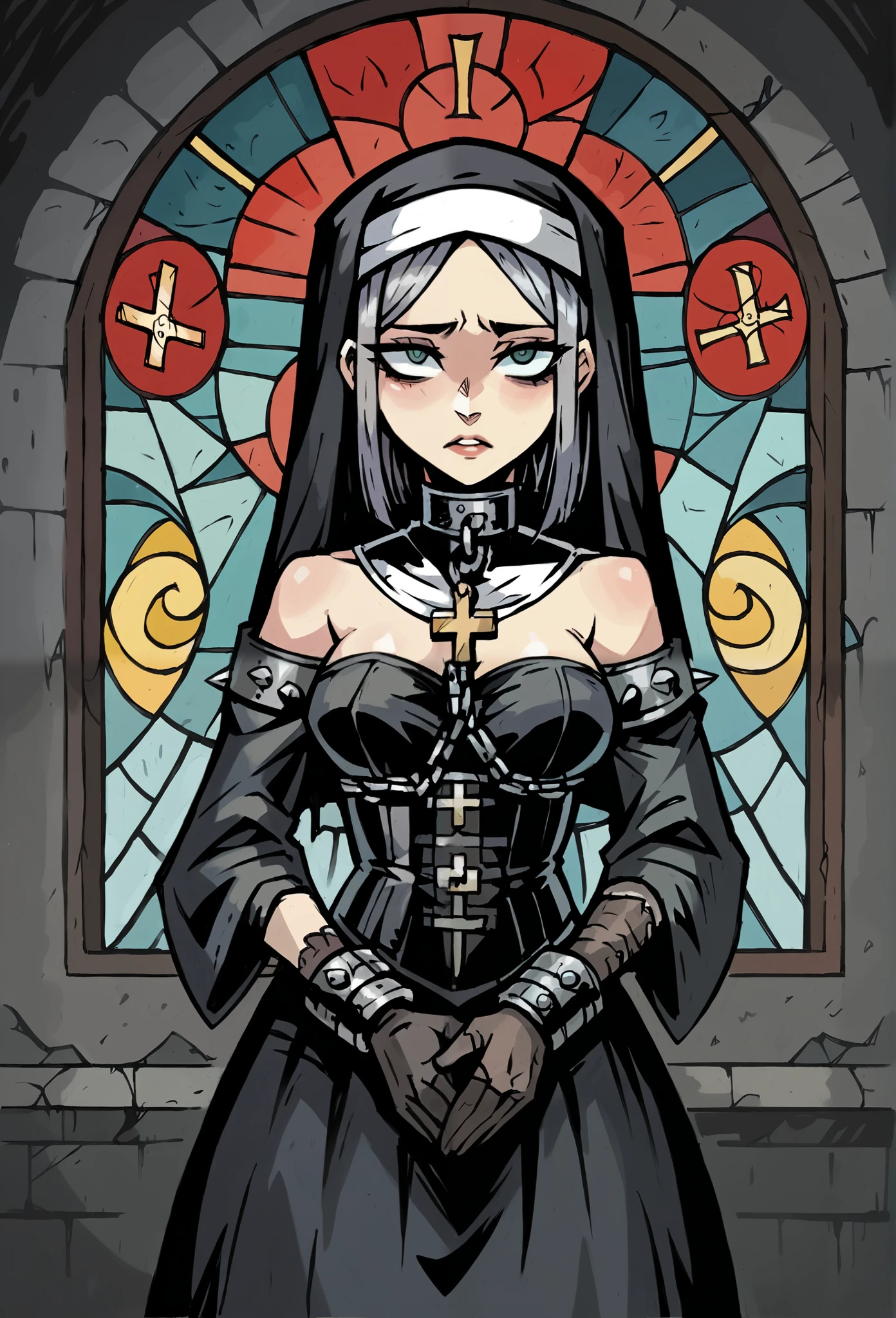  Draw a female character with an aesthetic that mixes Catholic symbolism and BDSM elements.  She wears a clothing inspired by a religious habit ,  but with provocative details , like black leather,  lace and metallic accessories .  The traditional veil is adorned with silver chains that descend over your shoulders ,  contrasting with the sacred aura of her posture .  She wears a leather corset with cross details ,  tied with satin ribbons and wrapped in thin strings that recall bondage practices .  Her arms are covered by long leather gloves ,  with metal bracelets connected by small padlocks .  Catholic symbols , like the rosary ,  are present as accessories , with a gothic and provocative touch. His expression is enigmatic, almost heavenly,  with intensely outlined eyes ,  evoking both power and submission . In the background,  a religious stained glass window stylized with deep colors ,  highlighting duality between the sacred and the profane in the character .